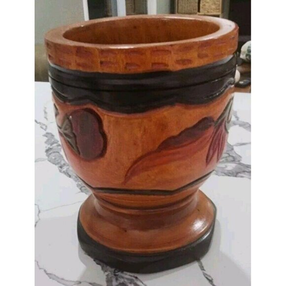 Vintage Wood Hand Turned Carved Floral Three‎ Tone Mortar and Pestle LARGE - Picture 5 of 9